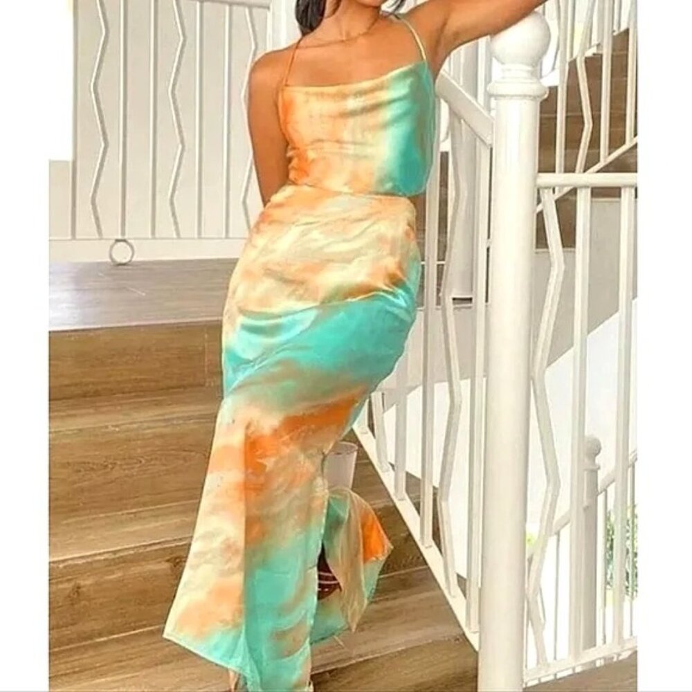 Coastal Resort Strappy Midi Dress Medium Tie Dye Satin Cut-Out Strappy Backside
